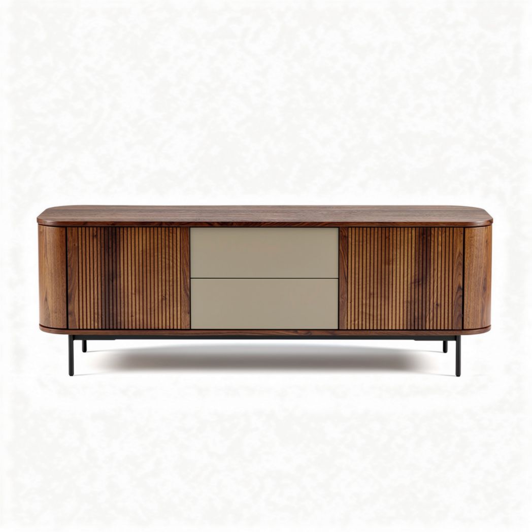 Wooden sideboard with ribbed design and two drawers 150 x 45 x 60cm