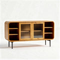 Oak wood mid-century modern sideboard with glass doors and open shelving 120 x 40 x 75cm
