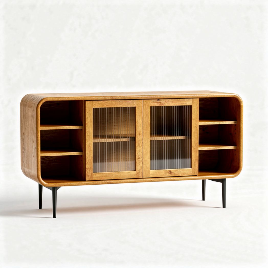 Oak wood mid-century modern sideboard with glass doors and open shelving 120 x 40 x 75cm