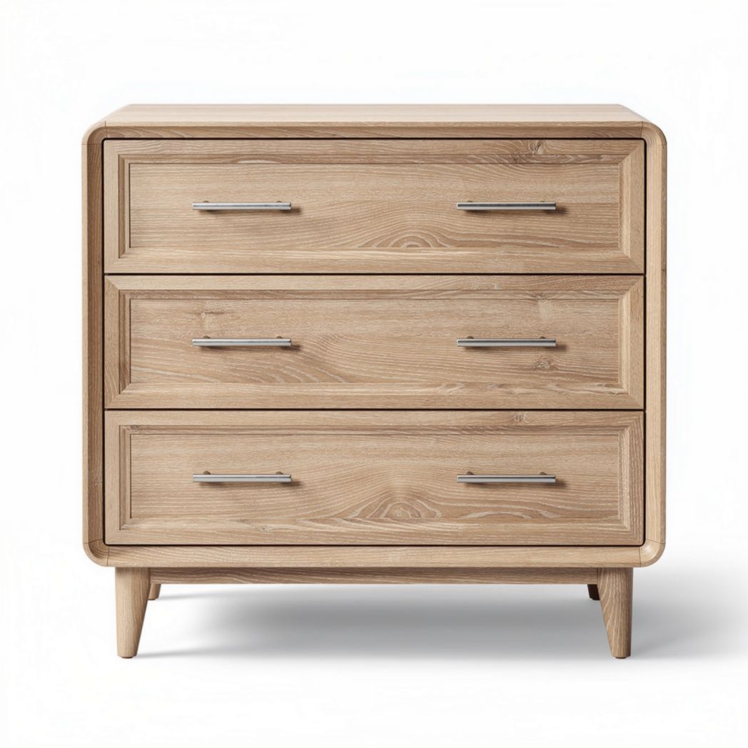Wooden three-drawer nightstand with metal handles in natural finish 50 x 40 x 60cm