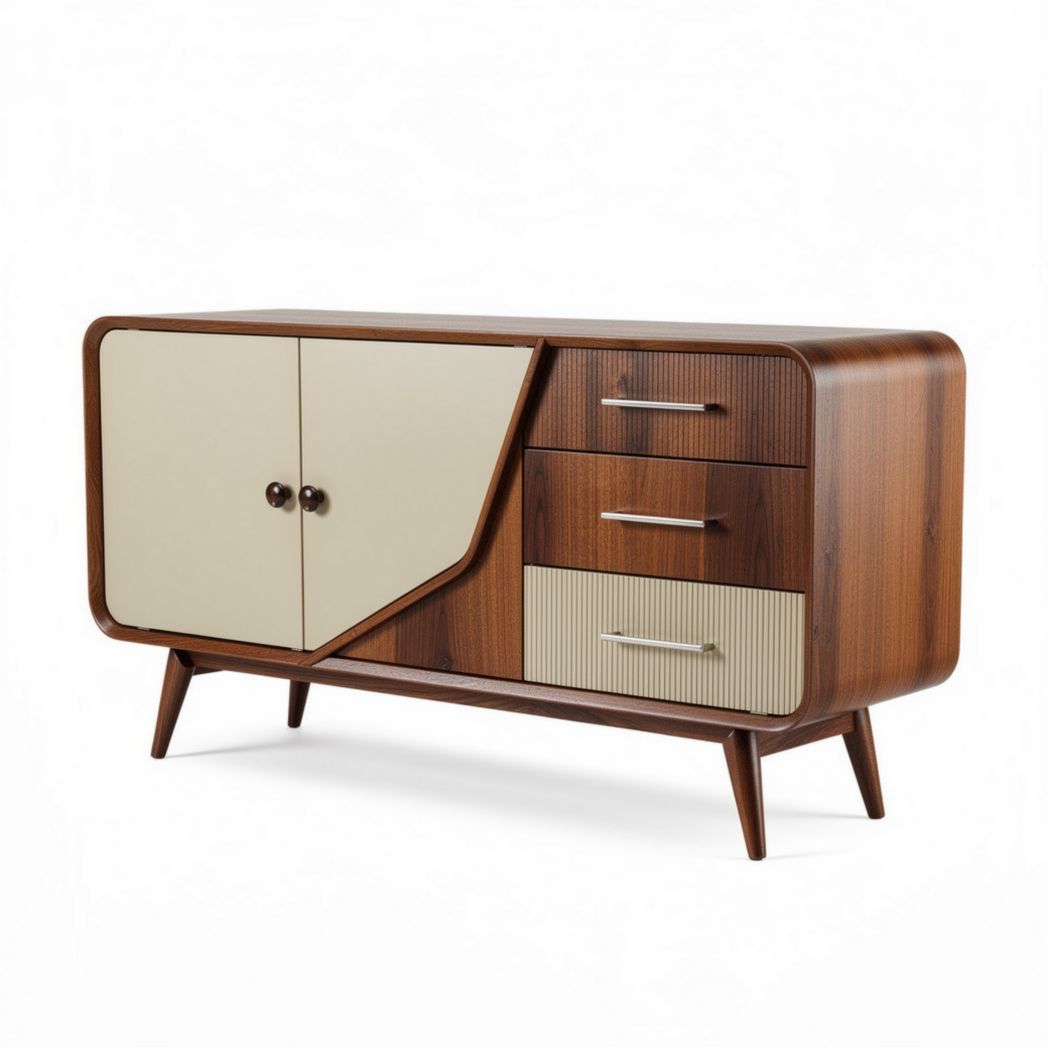 Mid-century modern wood sideboard storage cabinet with cream doors 120 x 45 x 75cm