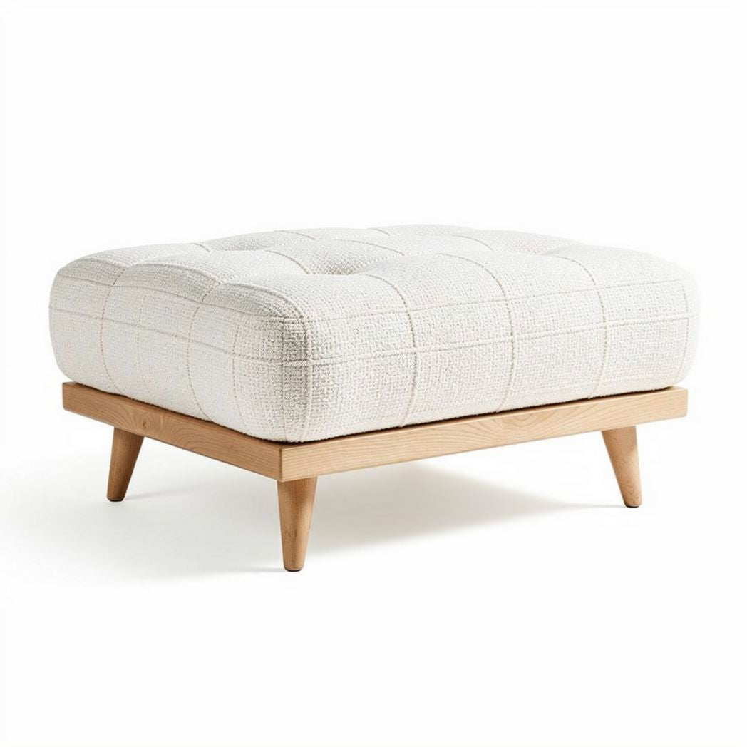 Cotton upholstered ottoman in white with natural wood legs 80 x 80 x 30cm