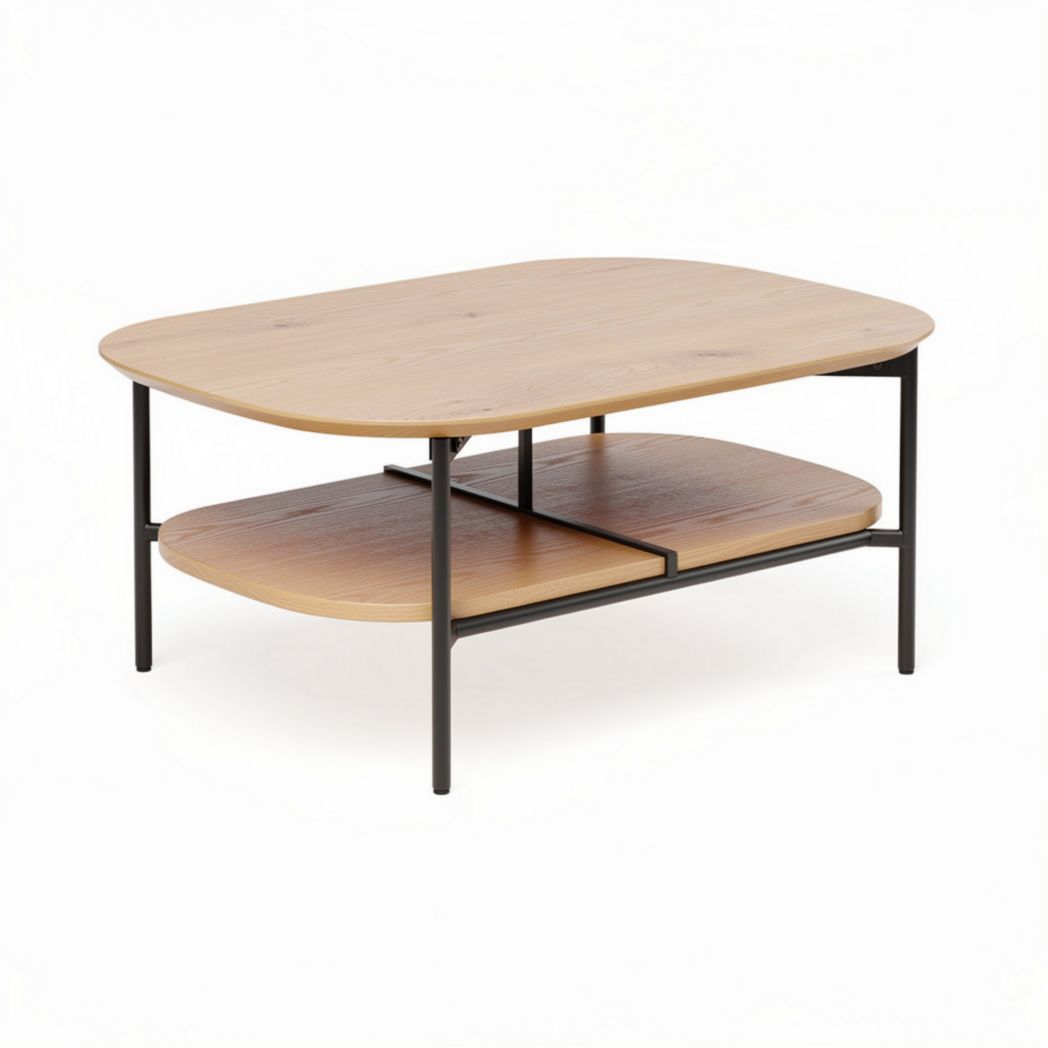 Wooden coffee table with metal legs and lower storage shelf 120 x 75 x 45cm