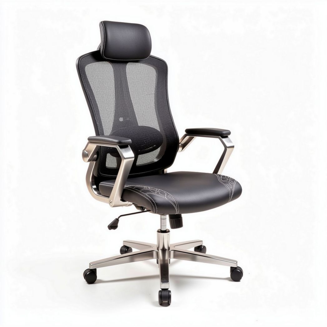 Mesh and leather office chair with adjustable headrest and armrests 60 x 60 x 120cm