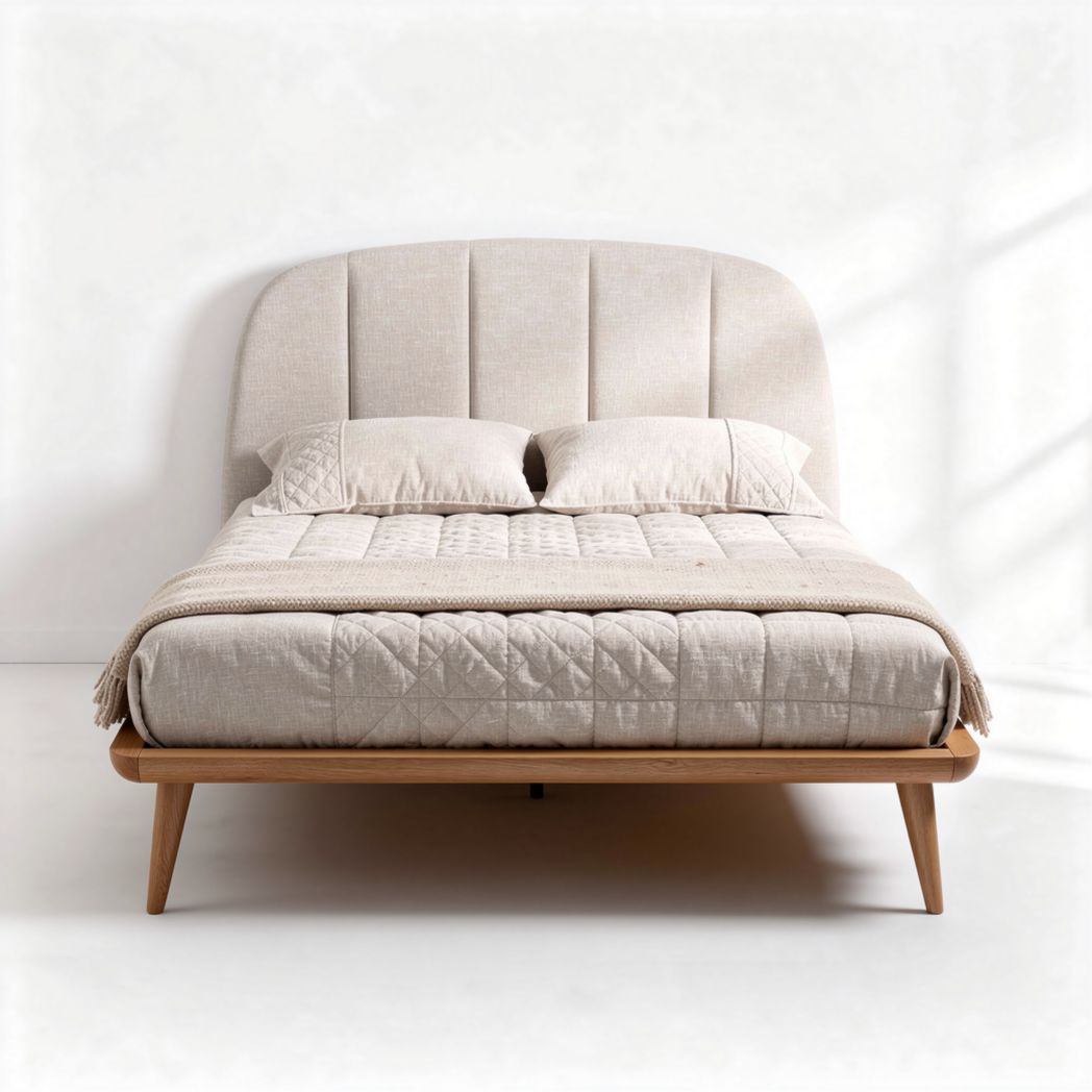 Upholstered bed frame with wooden legs and mattress support in beige color