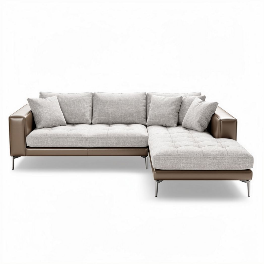Modern sectional sofa in light grey fabric with brown leather accents and chrome legs 250 x 90 x 85cm