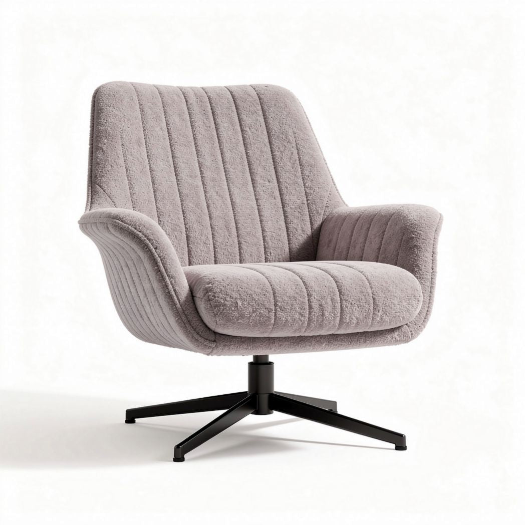 Modern swivel accent chair in grey fabric with a black metal base 80 x 80 x 90cm