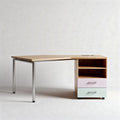 L-shaped corner desk with storage shelves and drawers in wood and metal 150 x 70 x 75cm