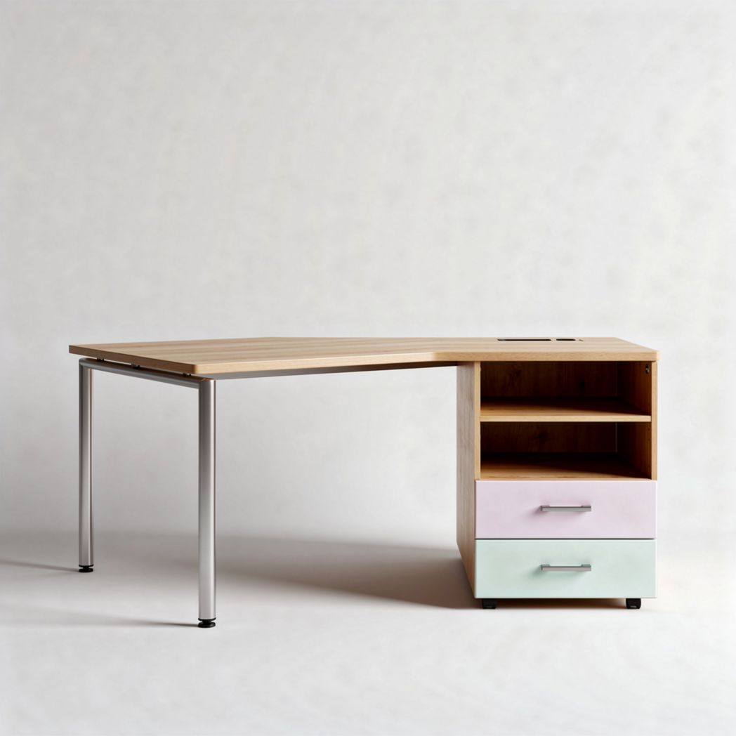 L-shaped corner desk with storage shelves and drawers in wood and metal 150 x 70 x 75cm