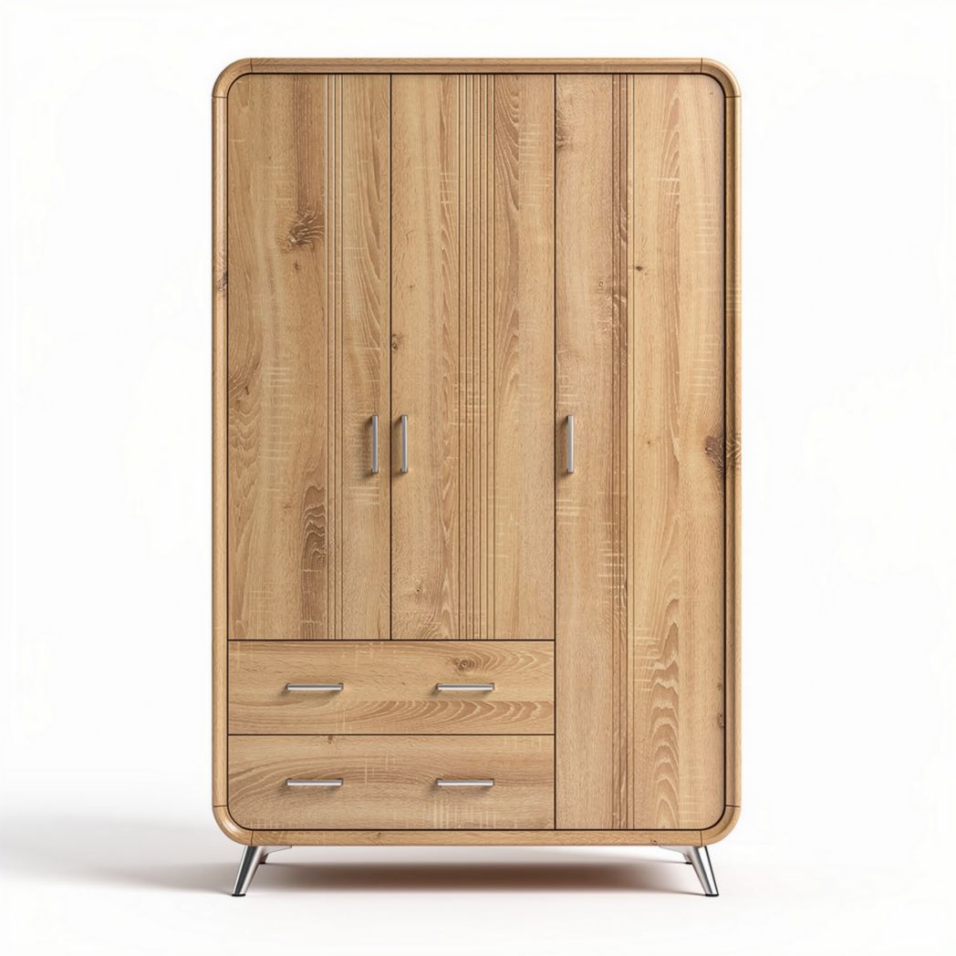 Wooden wardrobe with three doors and two drawers in natural finish 80 x 50 x 120cm