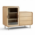 Wooden cabinet with glass door three drawers and open shelving 90 x 45 x 70cm