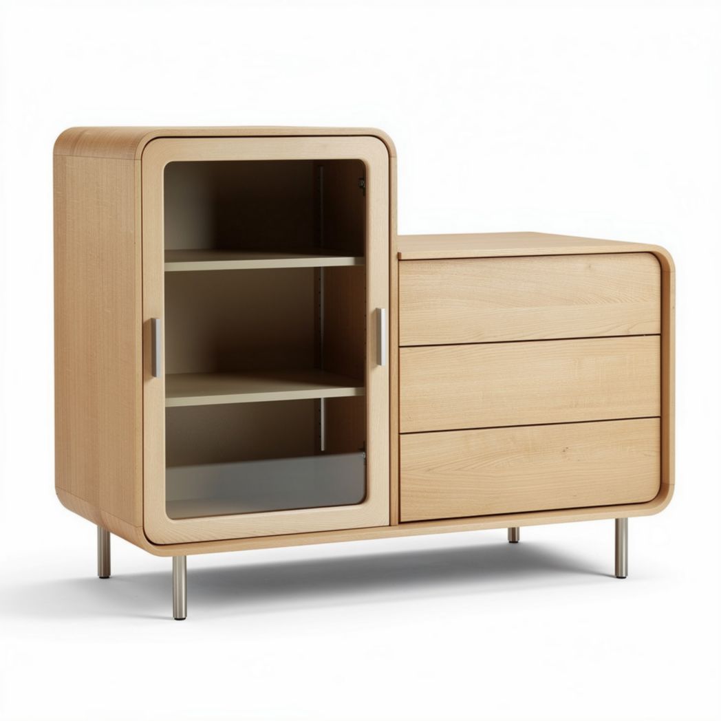 Wooden cabinet with glass door three drawers and open shelving 90 x 45 x 70cm